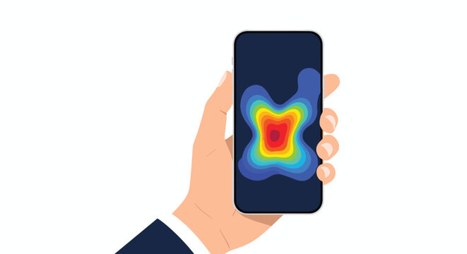 Human hand holding a smartphone showing a colorful heatmap on the screen representing user interface interaction and touch tracking.