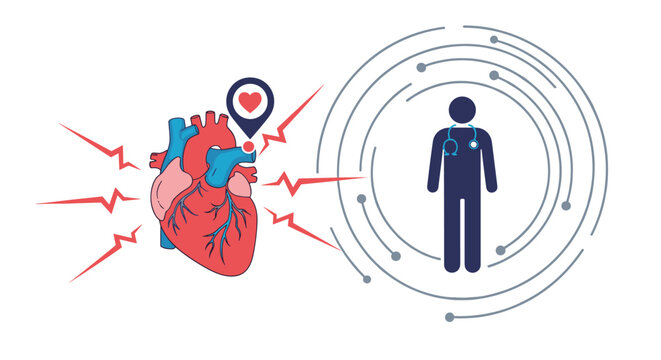 Medical concept illustration featuring a human heart with pain indicators and a doctor figure within a circular digital frame.