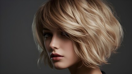 Naklejka premium Woman with trendy wolf cut hairstyle and soft layers poses for modern fashion editorial