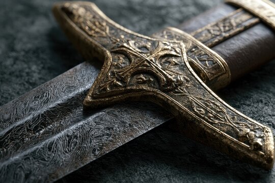 Knightly broadsword resting on rugged stone showing intricate engravings and forged steel texture in a macro shot for cinematic storytelling