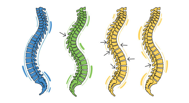 Anatomical illustration showing sequence of human spine curvature changes representing scoliosis or postural deformity.