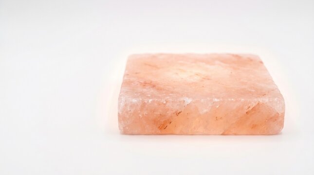 Square pink Himalayan salt block podium isolated on white background