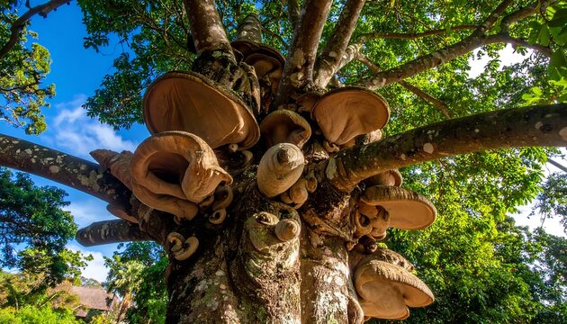 Close-up of a tree trunk with large, shelf-like fungi growing from the branches against a bright blue sky