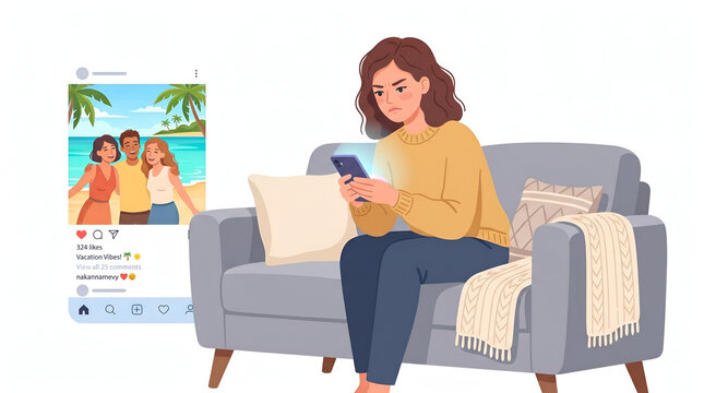 Jealous vector showing woman feeling envy while browsing social media