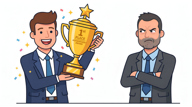 Jealous vector showing a winner holding a gold achievement trophy