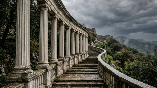 Grand Staircase with Columns, Ancient Ruins, Cloudy Sky