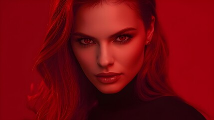 Fototapeta premium A confident woman with vibrant ruby red hair poses dramatically in a luxury fashion campaign setting with intense eye contact.