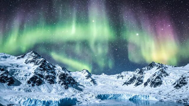 Stunning Aurora Borealis over Snowy Mountains and Frozen Landscape