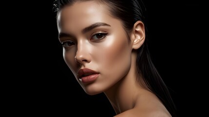 Fototapeta premium Luxury portrait photography captures a woman with sleek hairstyle and glossy skin in dramatic cinematic lighting.
