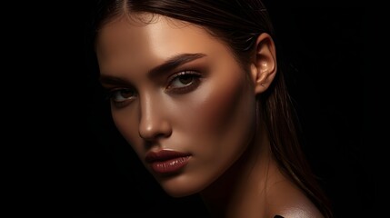 Fototapeta premium High fashion model showcases sleek hairstyle and glossy skin in dramatic lighting for luxury editorial photography