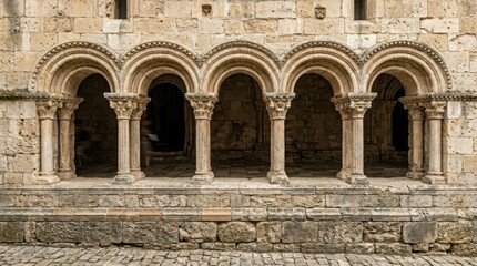 Obraz premium Romanesque Architecture Arches and Columns of Ancient Stone Facade