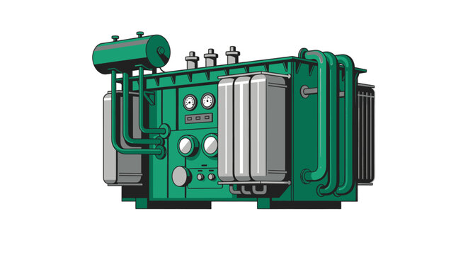 A large green industrial power transformer with various components and gauges on a white background, used for electricity distribution.