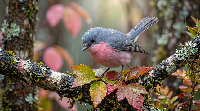 A small European robin with a vibrant orange breast perches gracefully on a wild tree branch in a beautiful spring garden