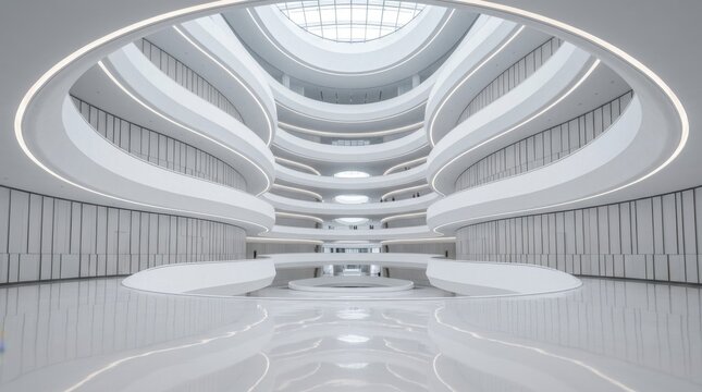 Futuristic White Atrium Building Interior, Abstract Architecture, Modern Design