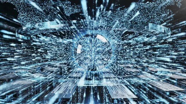 Abstract digital sphere glowing with blue light in futuristic circuit board city, data stream and world map background, technology concept