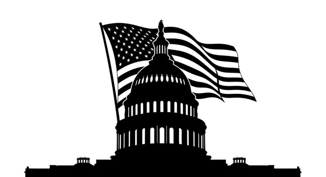 American flag waving above us capitol building silhouette
