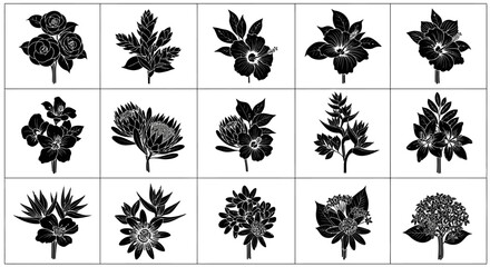 Fototapeta premium Collection of black floral silhouette icons featuring various flower types with intricate petal and leaf details ideal for graphic design branding and decorative projects