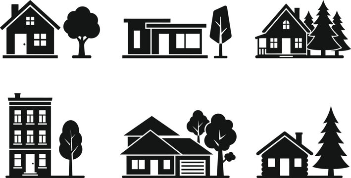 Assorted house and tree silhouettes on transparent background, showcasing distinct residential designs and natural elements for projects.