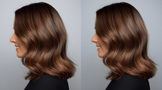 Woman with long brown hair styled in loose waves facing left and right