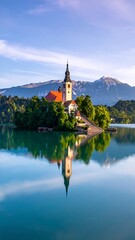 Obraz premium A serene lake scene with a church on a small island