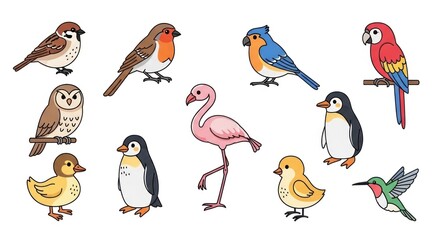 Fototapeta premium Diverse collection of colorful birds in cartoon style against white backdrop