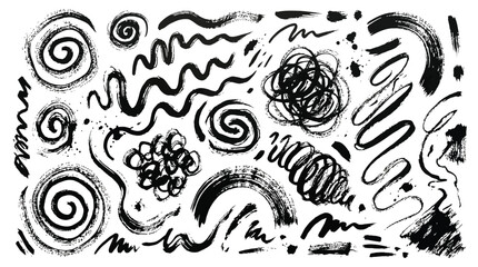 Obraz premium Black ink brush stroke elements set featuring various artistic spirals and messy hand drawn lines