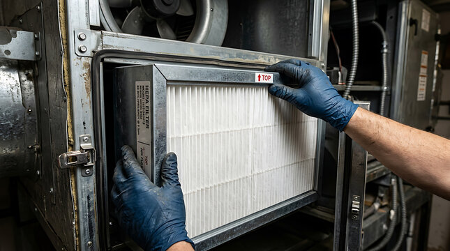Person installing air filter in HVAC unit