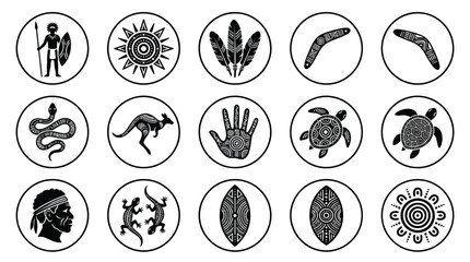 Set of fifteen circular aboriginal art inspired symbols showcasing traditional icon design. © Tuli