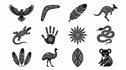 Bundle of twelve intricate aboriginal inspired icons featuring australian native symbols. © Tuli