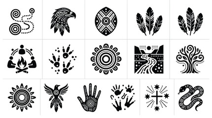 Detailed aboriginal art style vector icons representing nature symbols and tribal patterns. © Tuli