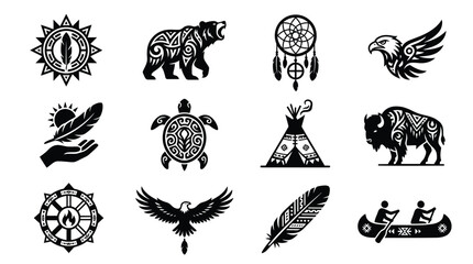 Native american tribal icons set with animals and spiritual symbols for artistic design. © Tuli