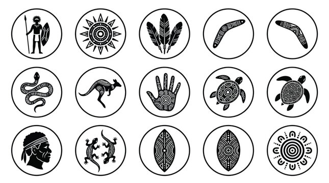 Set of fifteen circular aboriginal art inspired symbols showcasing traditional icon design.