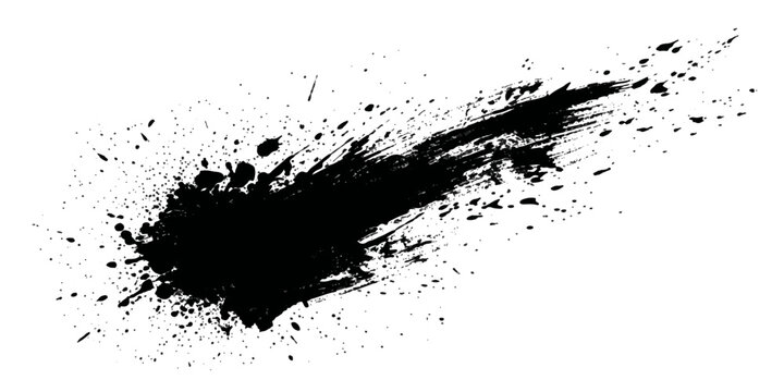 Black ink splash and splatter on white background, dynamic abstract brush stroke, energetic explosion.
