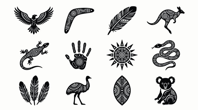 Bundle of twelve intricate aboriginal inspired icons featuring australian native symbols.