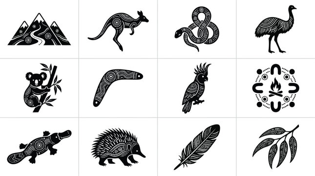 Twelve decorative wildlife and nature icons featuring intricate aboriginal inspired art.