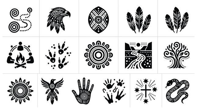Detailed aboriginal art style vector icons representing nature symbols and tribal patterns.