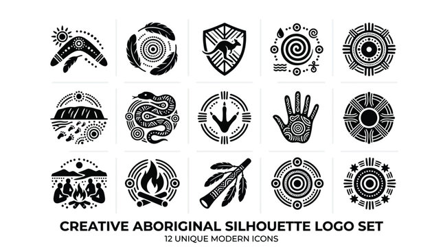 Modern creative aboriginal silhouette logo set featuring unique tribal cultural icon styles.