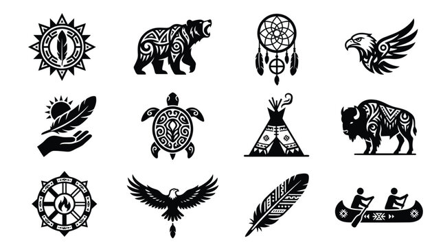 Native american tribal icons set with animals and spiritual symbols for artistic design.