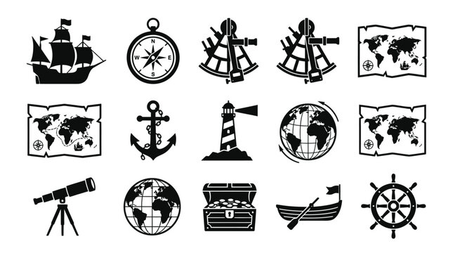 Set of black and white sailing and exploration icons isolated on white background.
