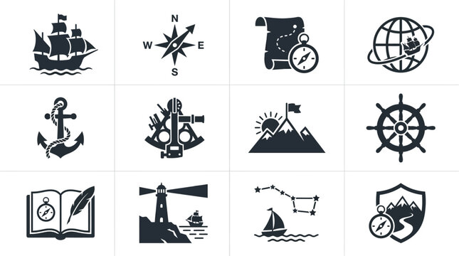 Maritime exploration icon set featuring ships compasses maps and navigation instruments.