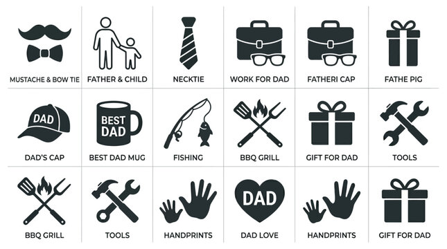 Versatile collection of eighteen black fathers day icons with descriptive text captions.