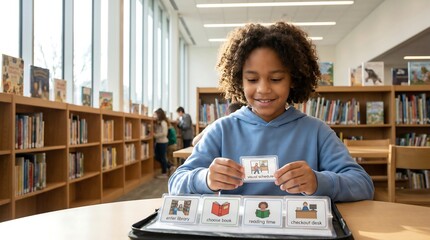 Young student using autism visual schedule cards in school library
