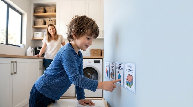 Child placing autism visual routine card on home schedule board