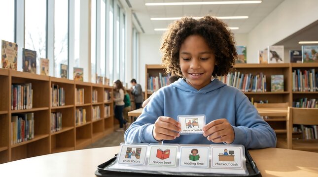 Young student using autism visual schedule cards in school library