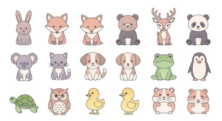Fototapeta premium Collection of cartoon animals rabbit fox bear deer panda and more