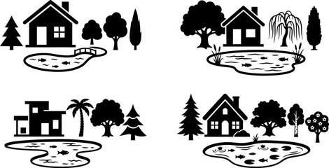 Naklejka premium Various houses and ponds with fish, trees and bridge on gray checkered background design element collection set, silhouette flat vector illustration.