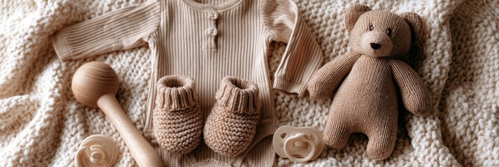Obraz premium Newborn baby items are laid out on a soft blanketed surface. The scene features a onesie, booties, a rattle, a teddy bear, and pacifiers.