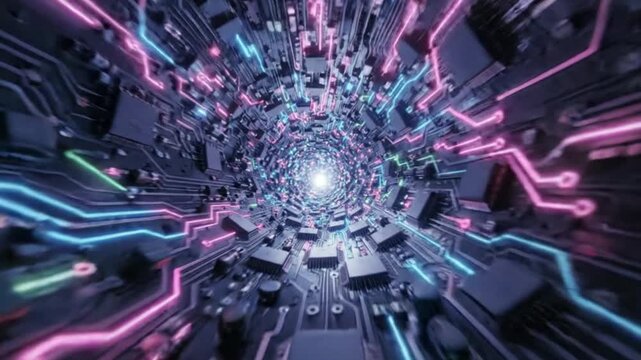 Futuristic Digital Circuit Board Tunnel Network, Glowing Neon Data Flow