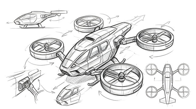 Futuristic VTOL Air Taxi Concept Sketch. Detailed Urban Air Mobility Vehicle Design Illustration.