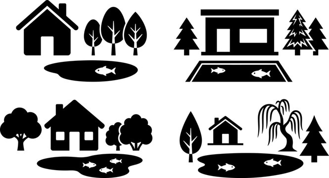 Set of various black house and tree icons with ponds and fish symbols on transparent background for design.